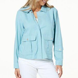 Wynne Layers Cream Cloud Linen Blend Collar Pocket Hidden Button Jacket 1X